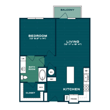 Rendering of the A5 floor plan with 1 bedroom[s] and 1 bathroom[s] at Lakesound
