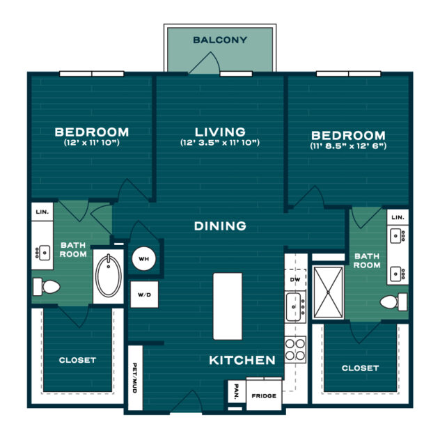 Rendering of the B1 floor plan with 2 bedroom[s] and 2 bathroom[s] at Lakesound