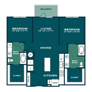 Rendering of the B1HA floor plan with 2 bedroom[s] and 2 bathroom[s] at Lakesound