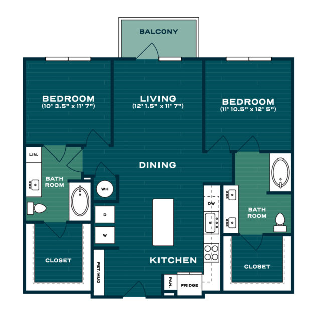 Rendering of the B1HA floor plan with 2 bedroom[s] and 2 bathroom[s] at Lakesound