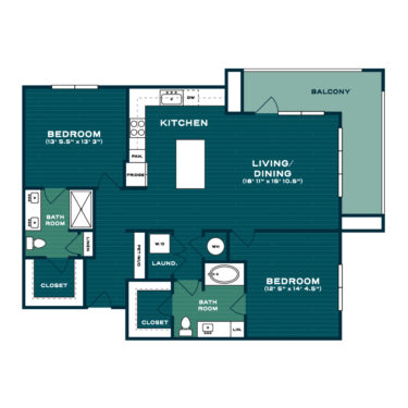 Rendering of the B2 floor plan with 2 bedroom[s] and 2 bathroom[s] at Lakesound