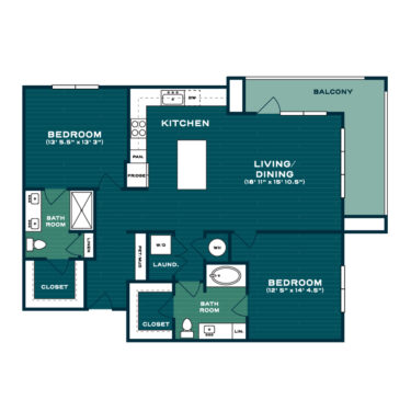 Rendering of the B2 COND.1 floor plan with 2 bedroom[s] and 2 bathroom[s] at Lakesound