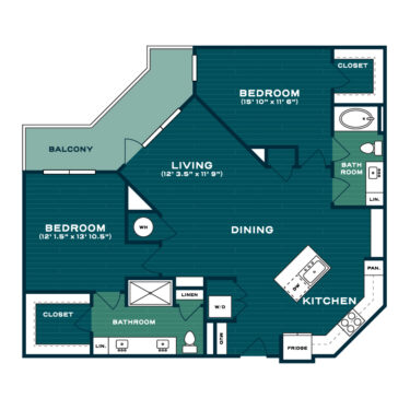 Rendering of the B3 floor plan with 2 bedroom[s] and 2 bathroom[s] at Lakesound