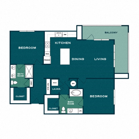 Rendering of the B2 floor plan with 2 bedroom[s] and 2 bathroom[s] at Lakesound