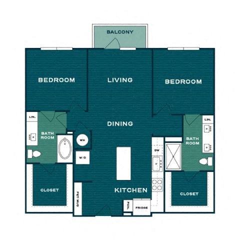 Rendering of the B1 floor plan with 2 bedroom[s] and 2 bathroom[s] at Lakesound
