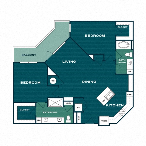 Rendering of the B3 floor plan with 2 bedroom[s] and 2 bathroom[s] at Lakesound